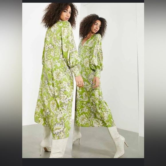 ASOS EDITION BUTTON FRONT MIDI DRESS GREEN  FLORAL PRINT boho fall formal $160 - Picture 4 of 11